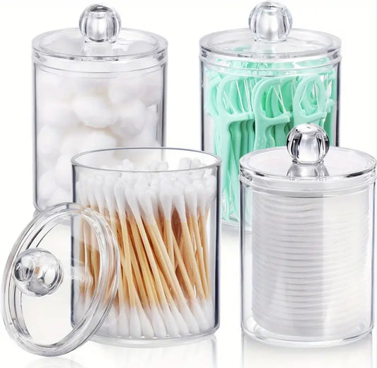 4 PACK Qtip Holder Dispenser for Cotton Ball, Cotton Swab, Cotton Round Pads, Floss Picks - Small Clear Plastic Apothecary Jar Set for Bathroom Canister Storage Organization, Vanity Makeup Organizer